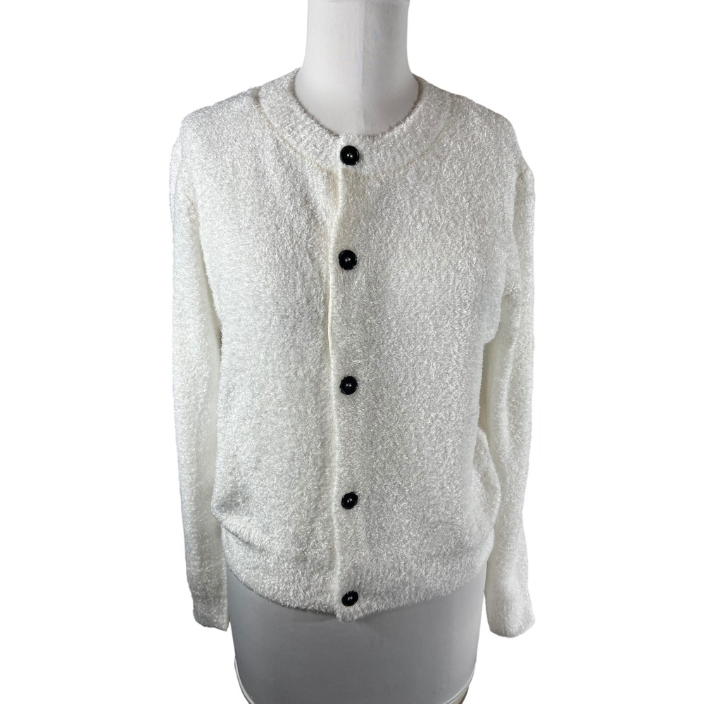 Zenana White Fuzzy Textured Knit Button Down Cardigan Sweater TW-2411Y‎ Mens S